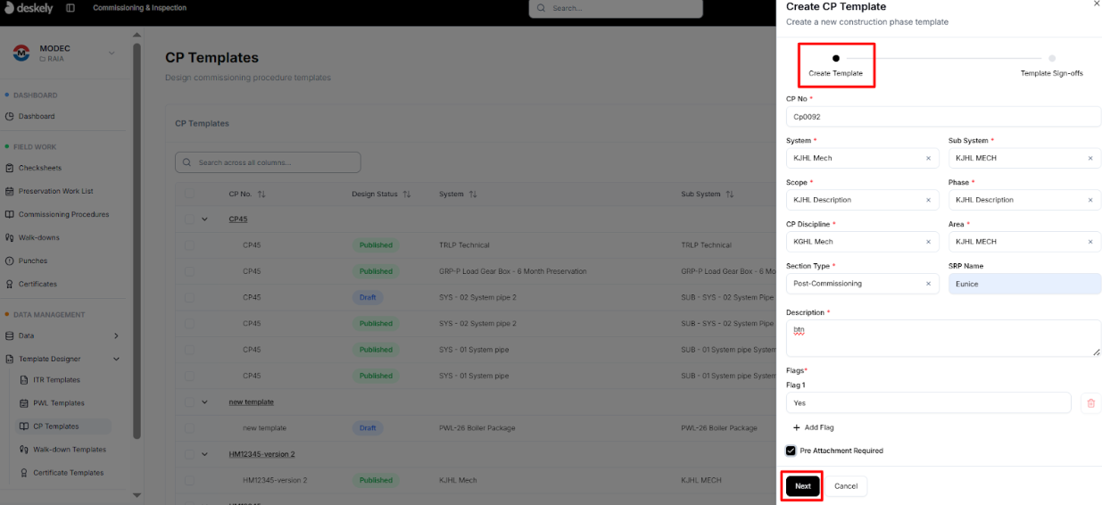 CP template creation form.