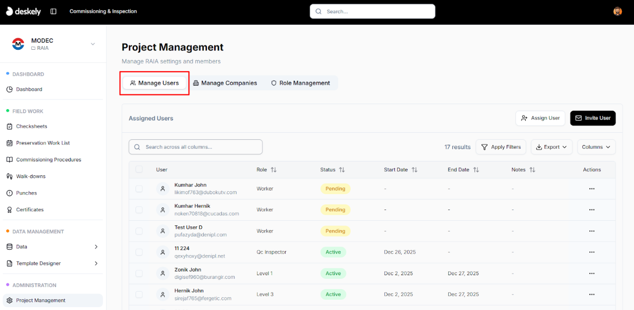 Manage Users page showing existing users.