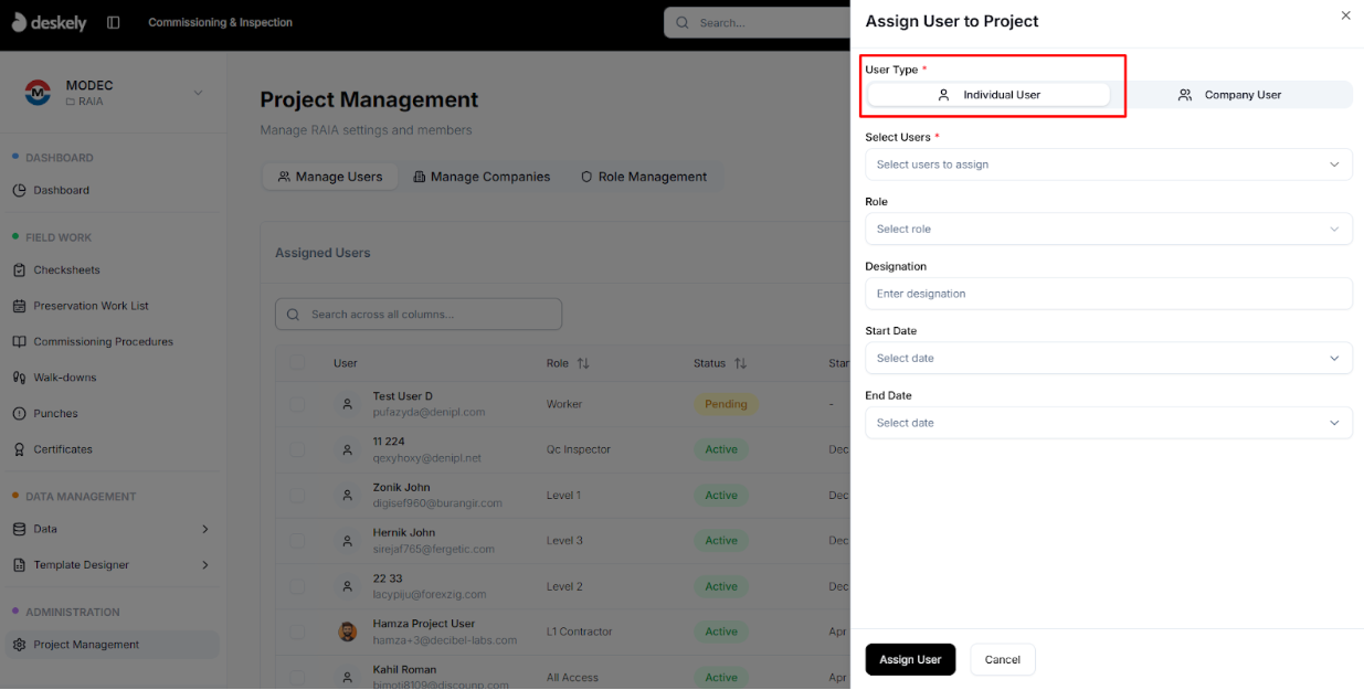 Individual user assignment form with dates and role.