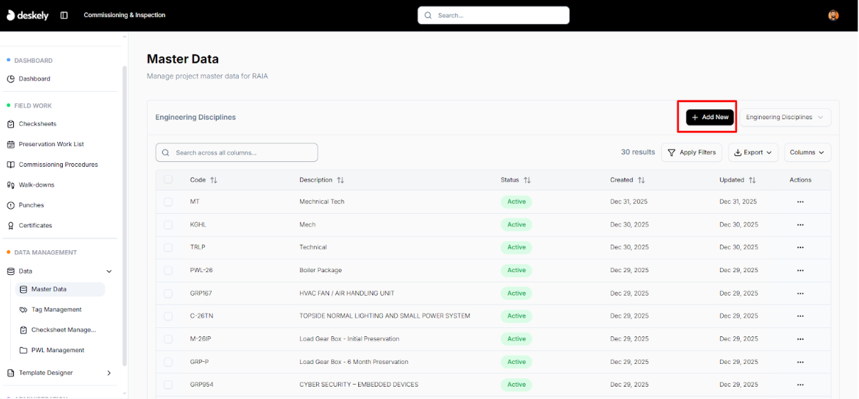 Master Data page with Add New button and category selector.