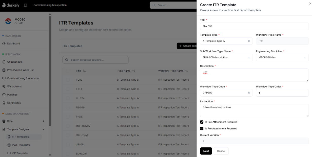 ITR template creation form.