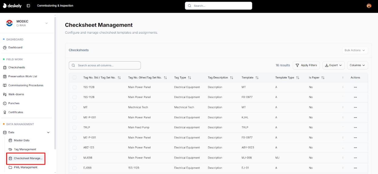 Checksheet Management list showing created checksheets.