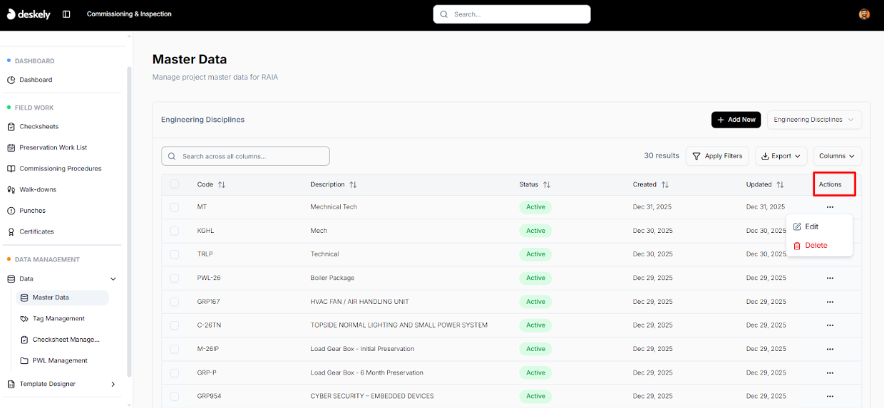 Row actions menu showing Edit and Delete options.
