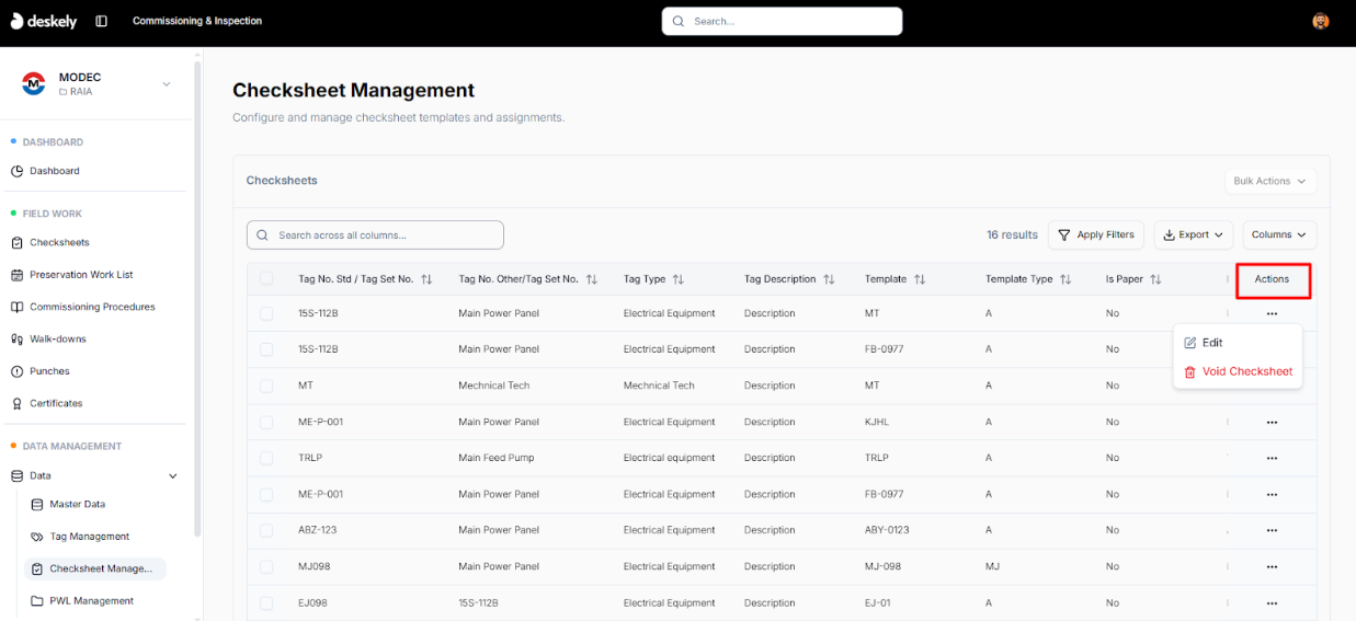 Row actions menu showing Edit and Void Checksheet.