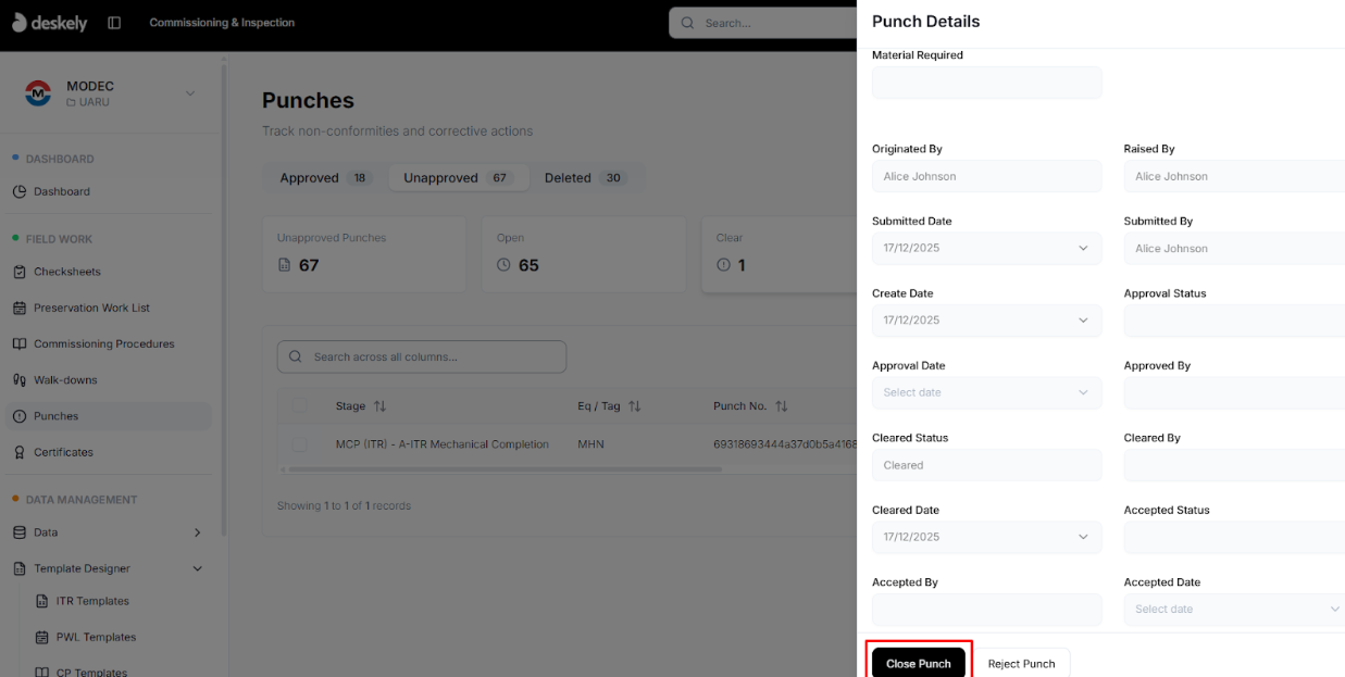 Punch details showing close action or closed status.