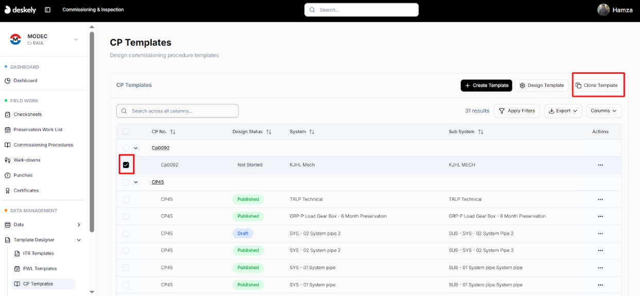 Clone Template button enabled after selecting a template checkbox.
