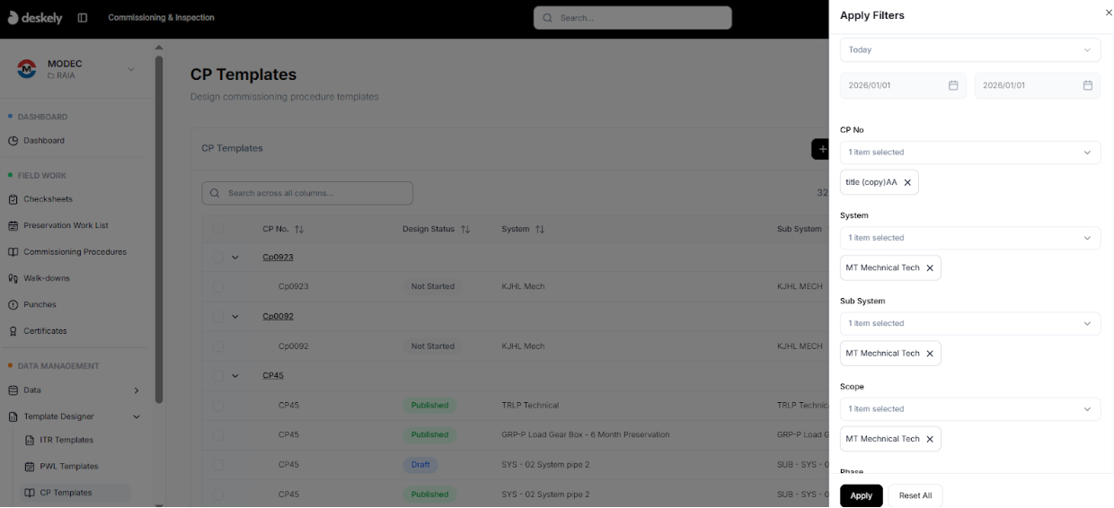Filter panel with Apply and Reset All options.