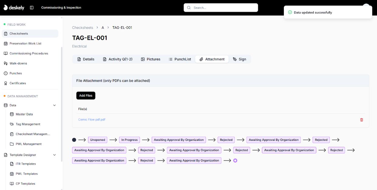 Checksheet View screen showing Punches tab or section.