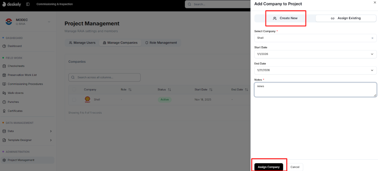Create new company form with name and optional fields.