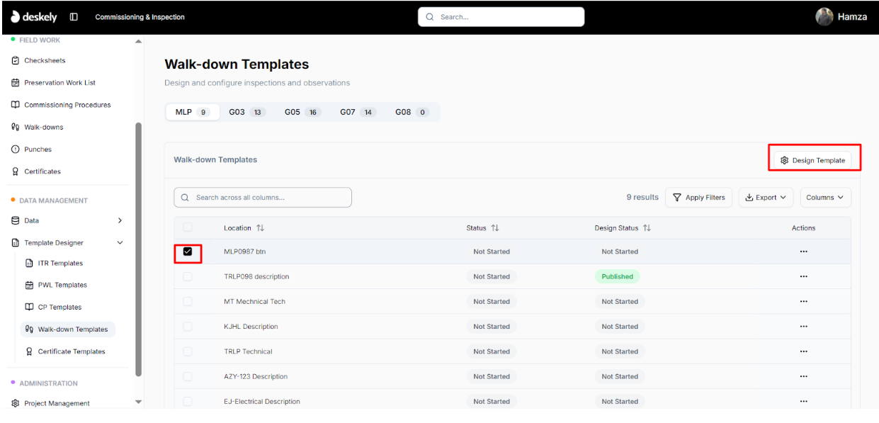 Walkdown row actions including Design template and Add Sign Offs.