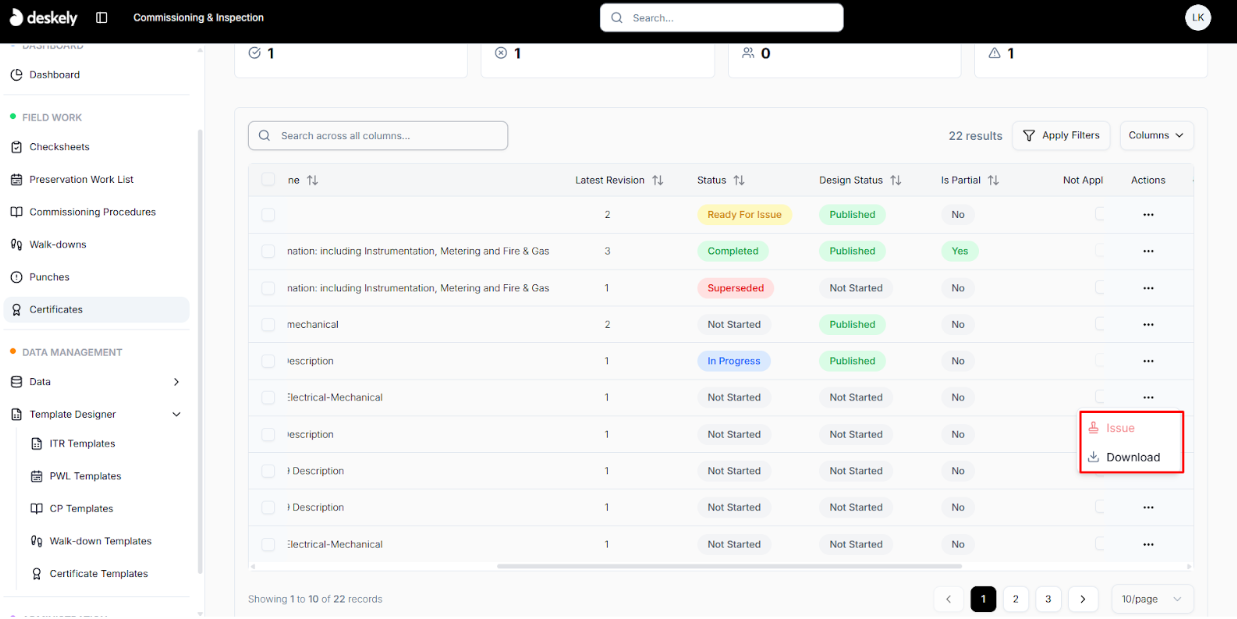 Certificate actions menu showing Issue disabled in Not Started status.