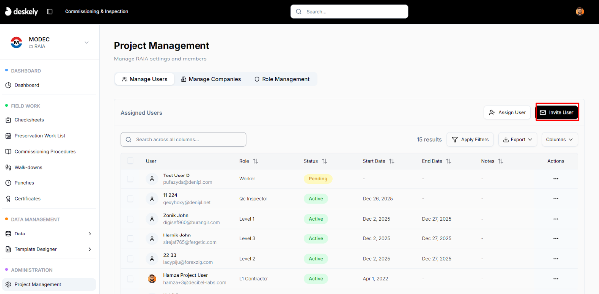 Invite User button on the Manage Users page.
