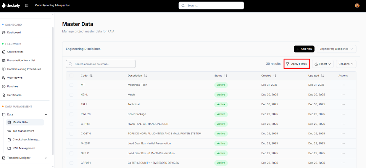 Apply Filters button on the Master Data list page.