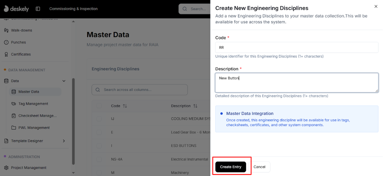 Create Entry form with Unique Code and Description fields.