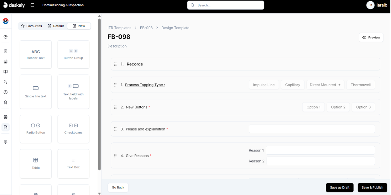Field palette showing available section fields.