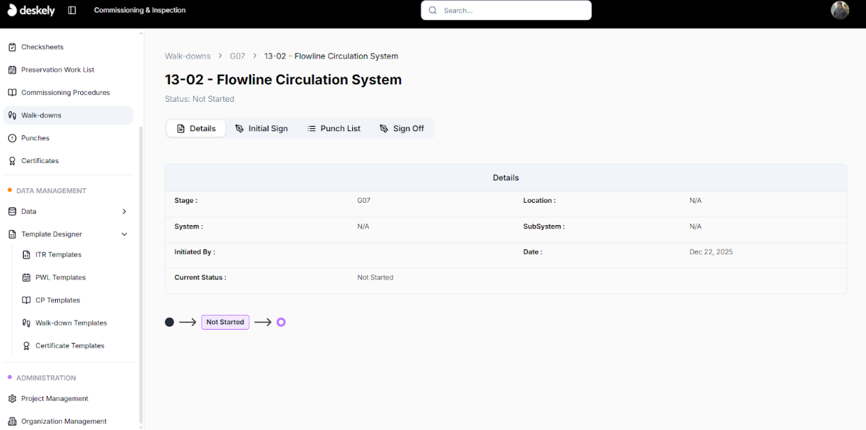 Walkdown details view showing tabs for a G07 walkdown.
