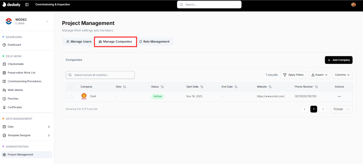 Manage Companies page showing assigned companies.