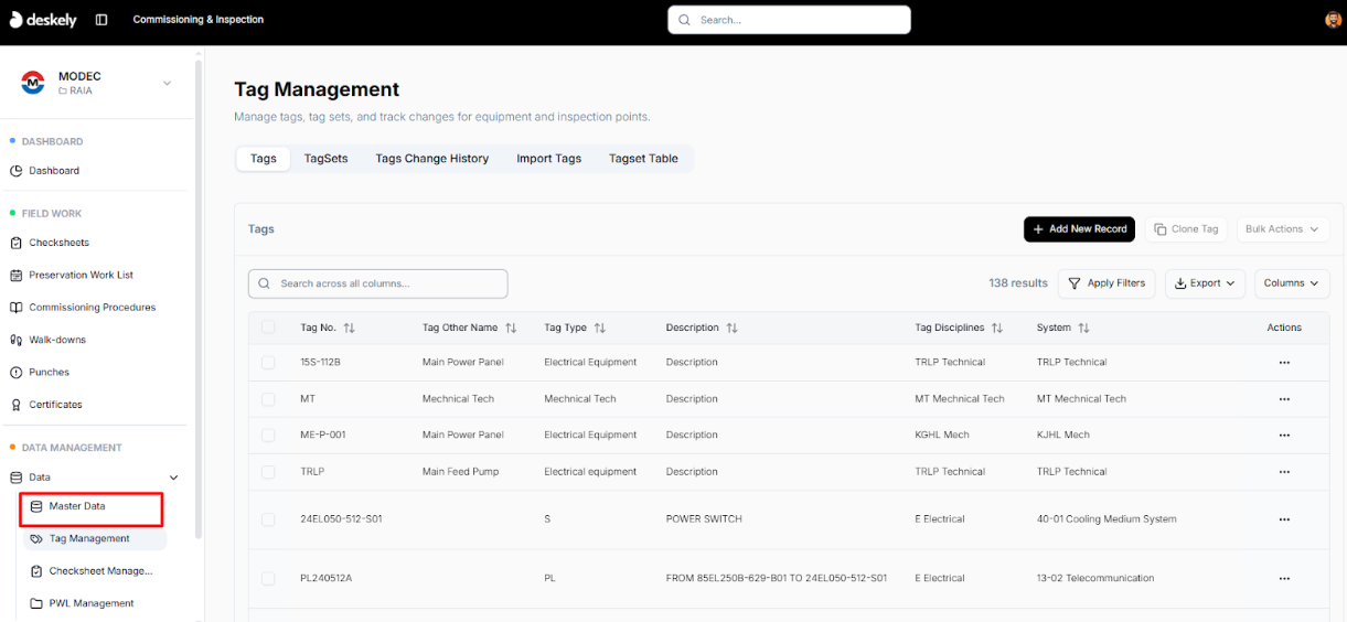 Tag Management page under the Data menu.