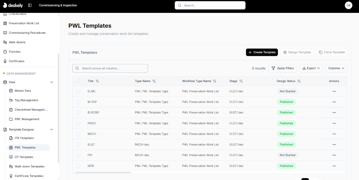 PWL templates list page.