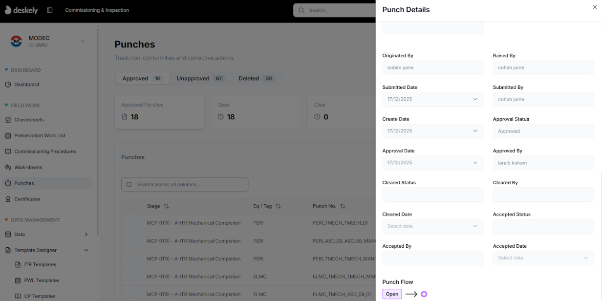 Punch list in the web app showing punch details and status.