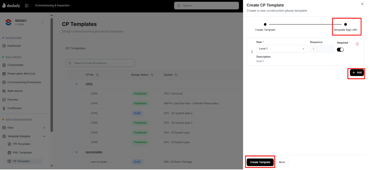 CP template sign-offs step with role selection and Add button.