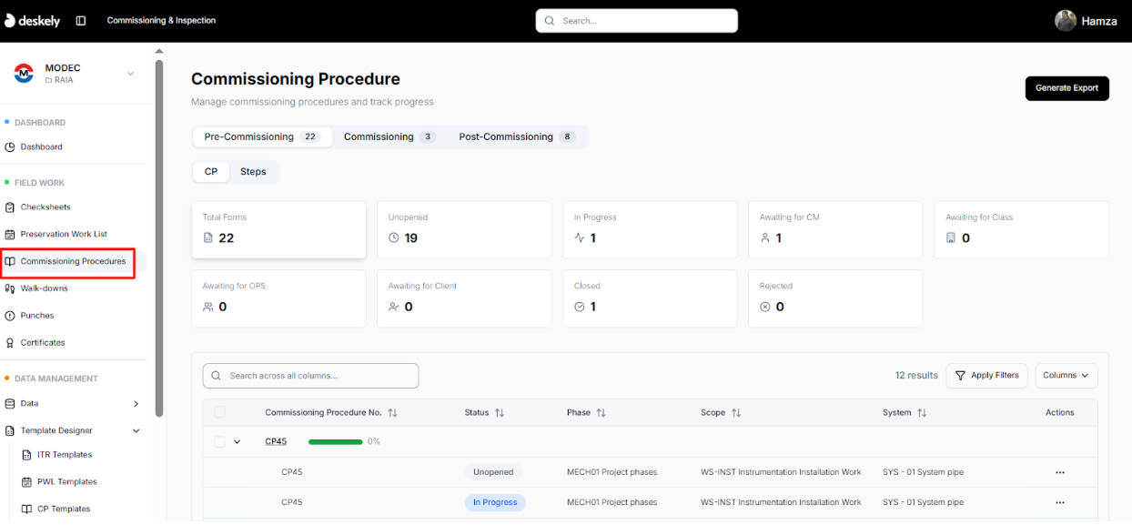 Commissioning Procedures list page.