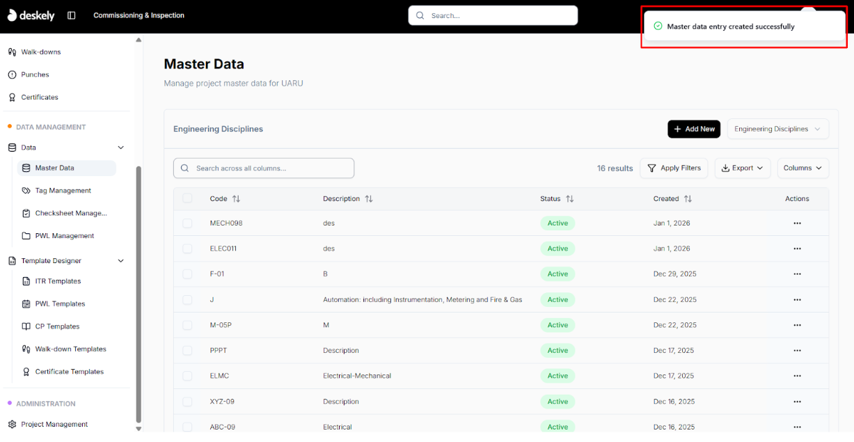 Success message after creating a master data entry.