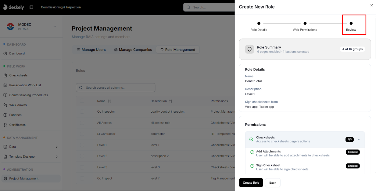 Review step with Create Role button.