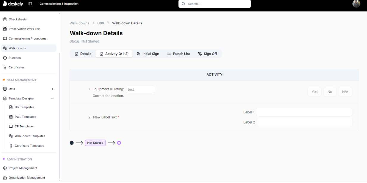 Walkdown details view showing tabs for a G08 walkdown.