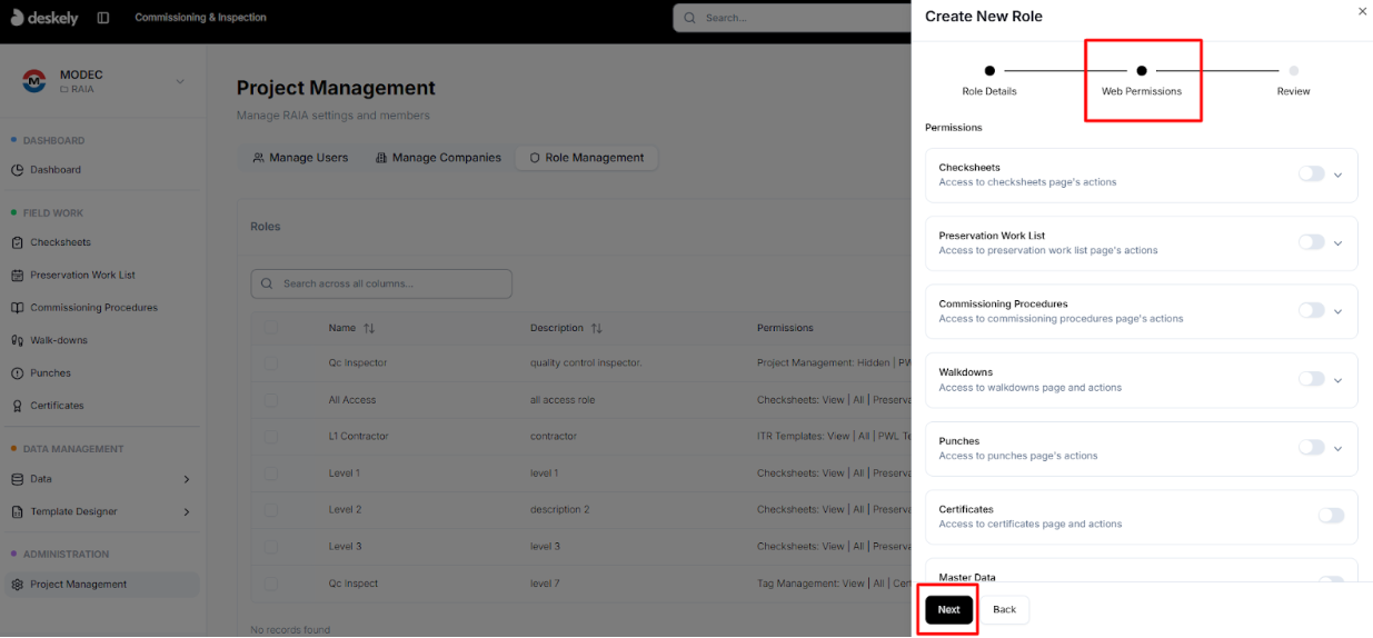 Permissions screen showing module toggles.