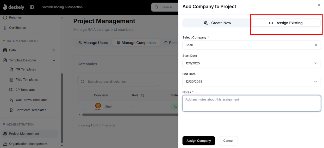 Assign existing company form with date fields and notes.
