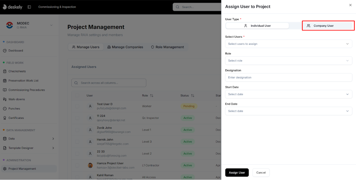 Company user assignment form with multi-select users.