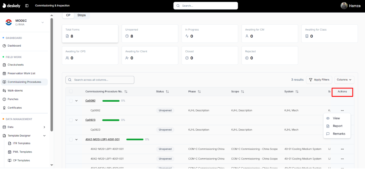 Actions menu (three dots) for a commissioning procedure.