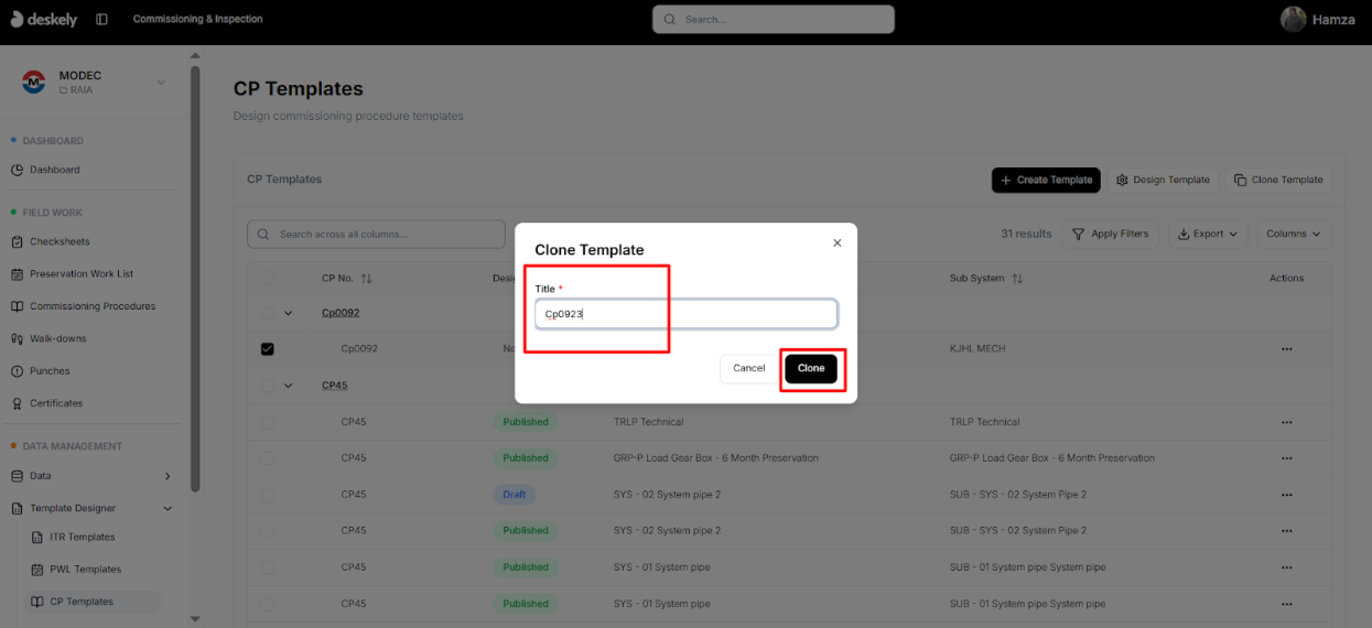 Clone template dialog asking for a new title.