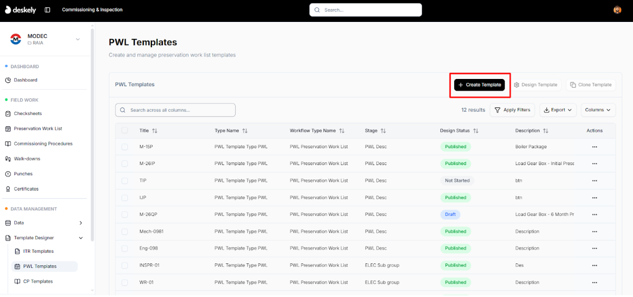 PWL templates list with Create Template button.