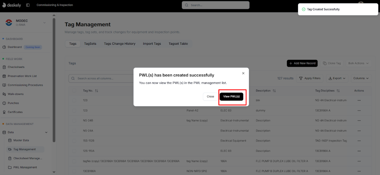 Confirmation dialog after applying a PWL template.