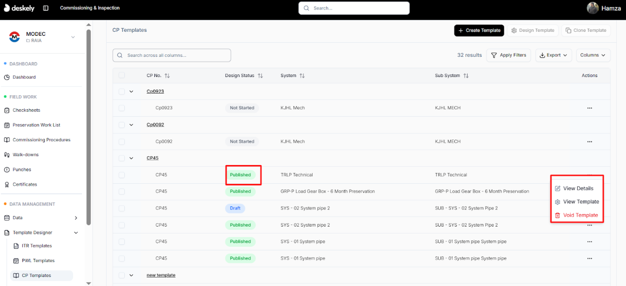 CP template list showing actions available in Published status.