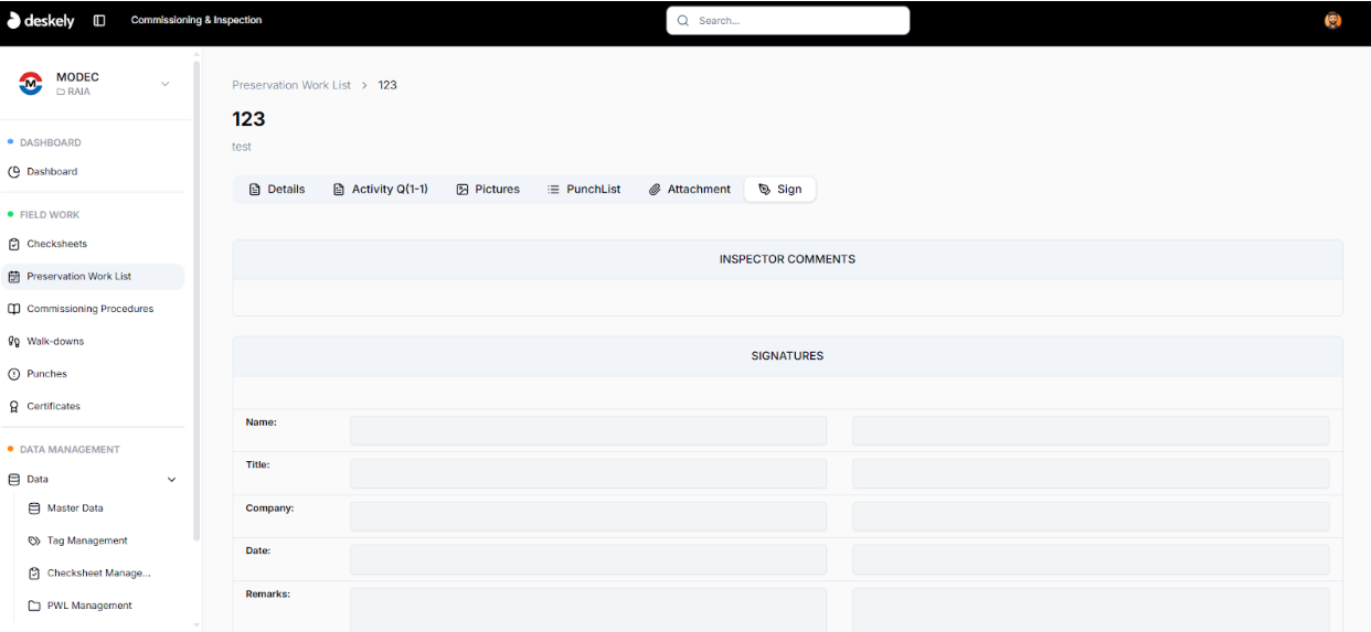 PWL View screen showing Sign-off tab.
