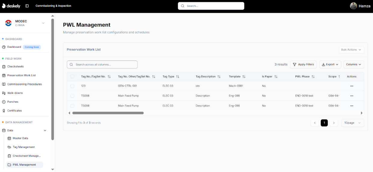 PWL Management page opened from View PWL.