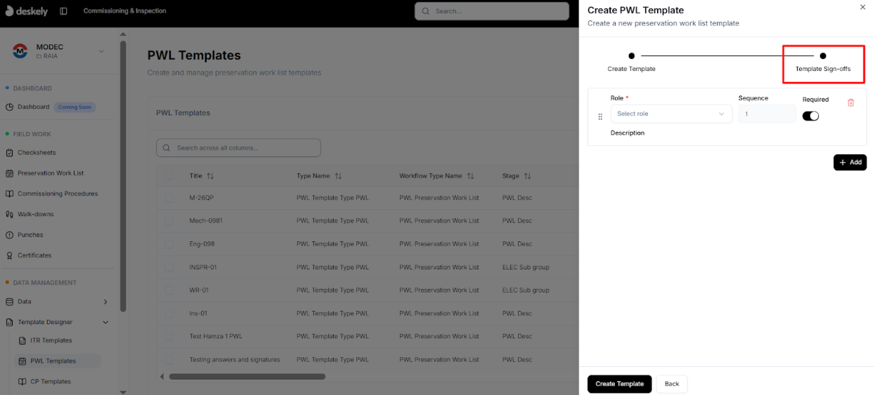Template sign-offs step with role selection and sequence.