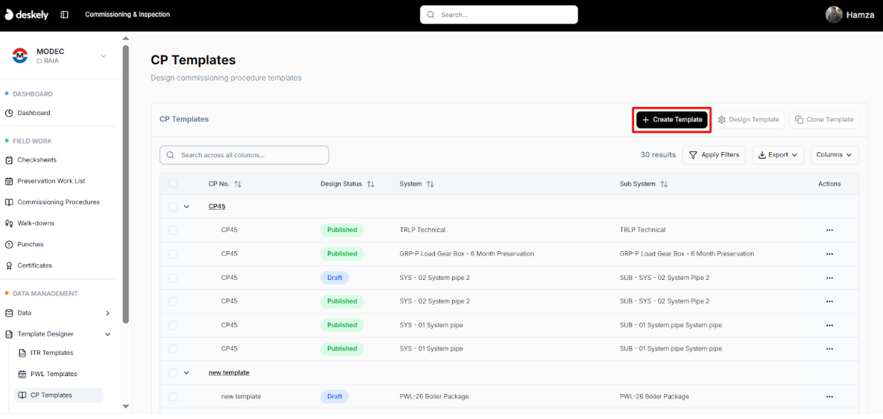 CP templates list with Create Template button.
