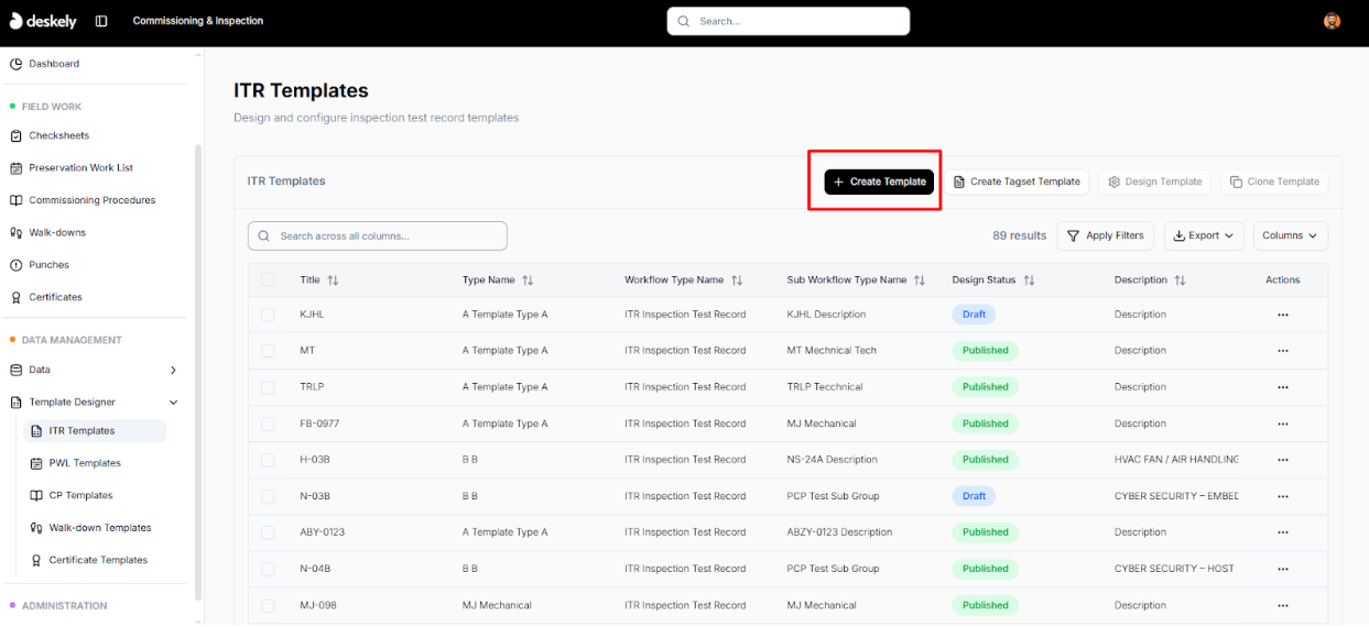 ITR templates list with Create Template button.