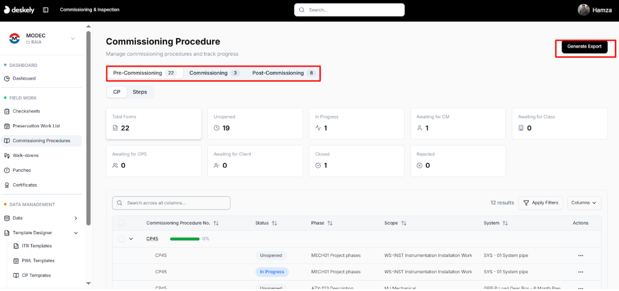 Generate Export button on the Commissioning Procedures page.