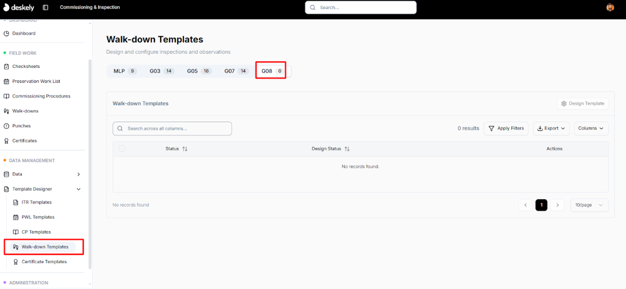 G08 walkdowns list at project level.