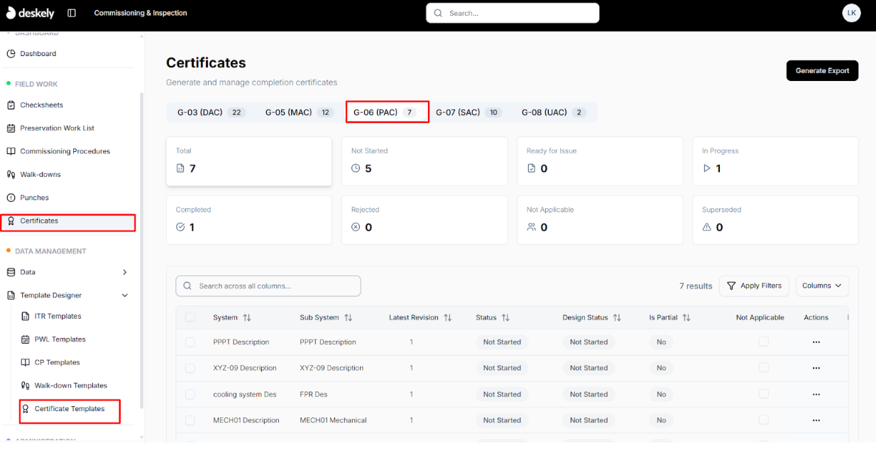 Certificates list showing generated G06 certificates.