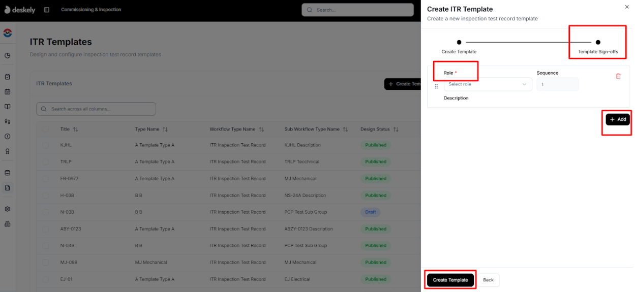 Template sign-offs step with role selection and Add button.