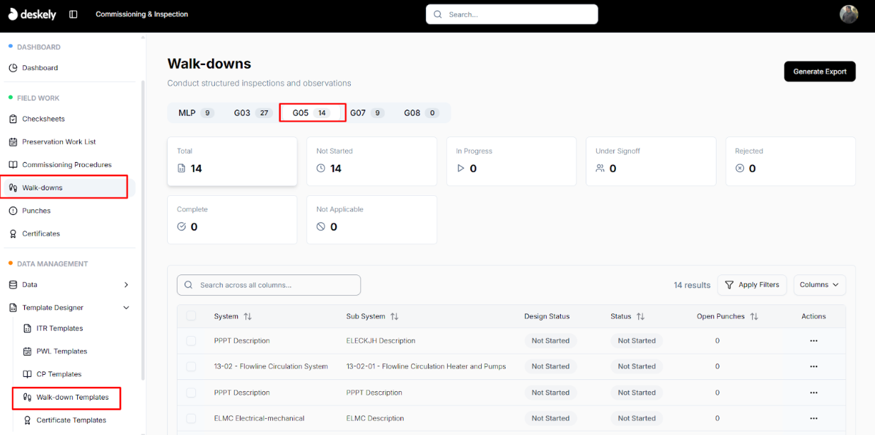 G05 walkdowns list grouped by subsystem.