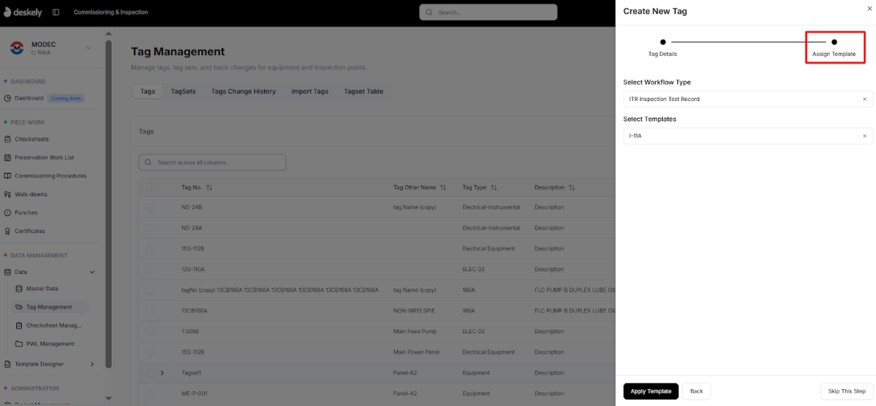Assign template step with workflow type and template dropdowns.
