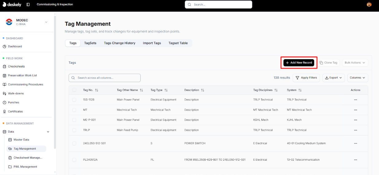 Add New Record button in Tag Management.