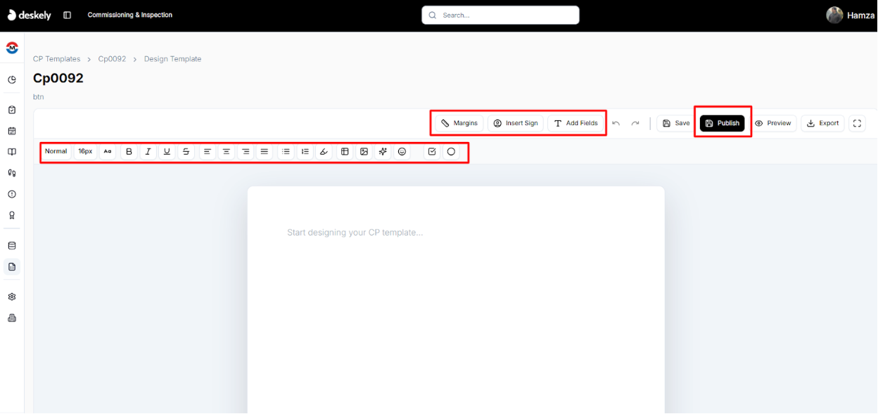 CP designer UI showing canvas and toolbar.